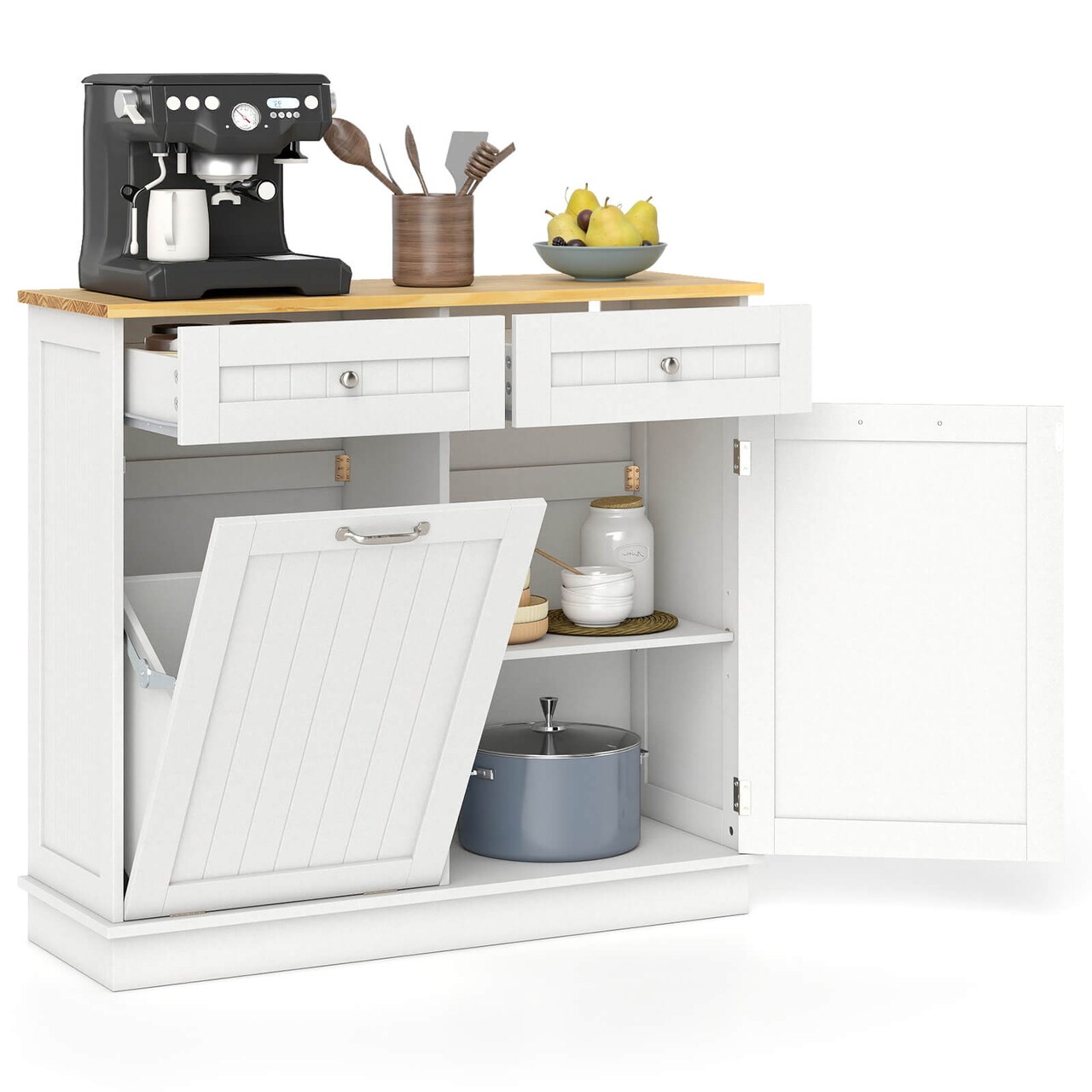 Costway Wooden Kitchen Trash Cabinet Tilt Out Bin Holder w/ Drawer & Storage Shelf Black/White/Coffee/Gray